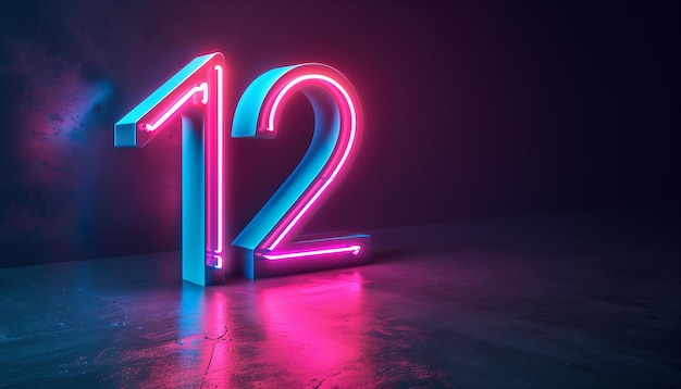 Número de néon iluminado 12 em tons rosa e azul gráficos 3D para conceito de marcação de aniversário de evento