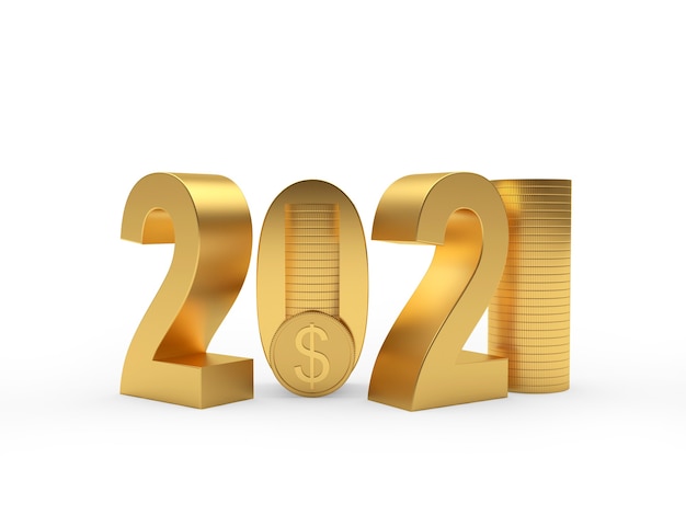 Foto número de ouro 2021 e pilhas de moedas de dólar