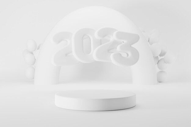 Número de texto branco de renderização 3D 2023 e composição de forma de arco-íris de balões brancos em branco
