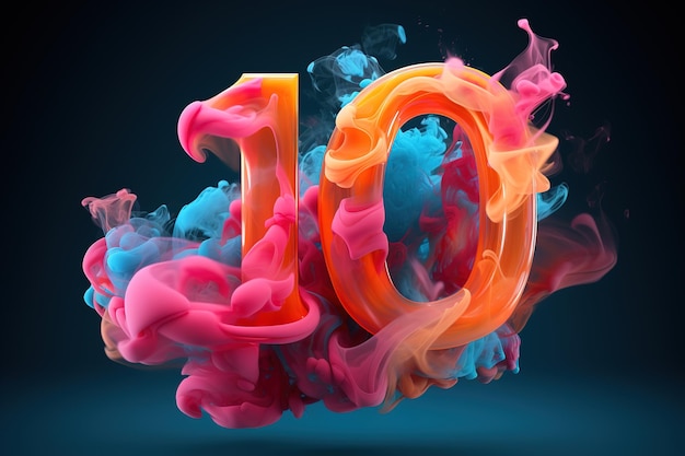 Número diez colorido con humo vibrante en fondo oscuro Símbolo 10 Invitación para una fiesta de cumpleaños décimo o aniversario de negocios Luz de neón y colores IA generativa