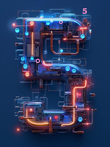 Foto número digital futurista 5 com circuito de néon