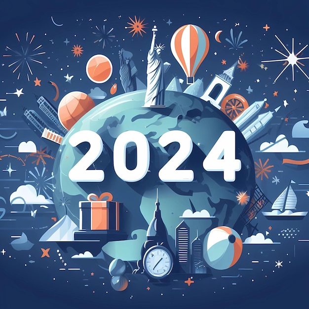 Foto número do conceito de ilustração do ano novo 2024 terra e céu