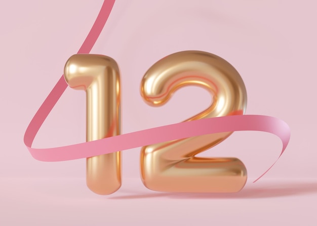 Número doce dorado brillante en fondo rosa con cinta Símbolo 12 Invitación para una fiesta de cumpleaños duodécimo o aniversario de negocios Render 3D