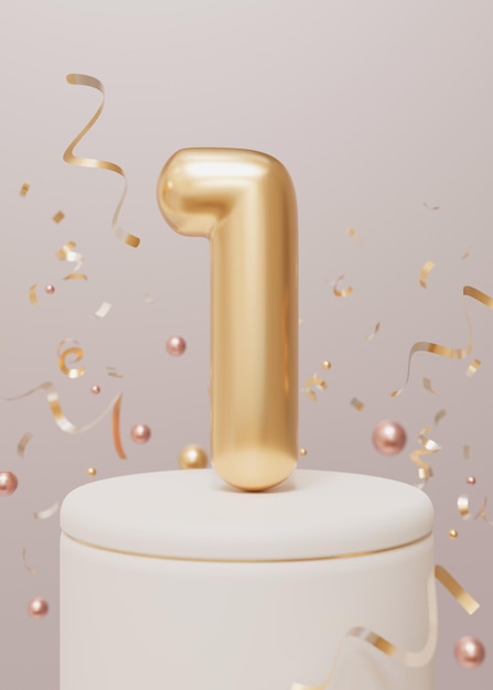 Número dorado uno y confeti sobre fondo neutro beige Símbolo 1 Invitación para una primera fiesta de cumpleaños aniversario de negocios o cualquier evento que celebre un primer hito Vertical 3D