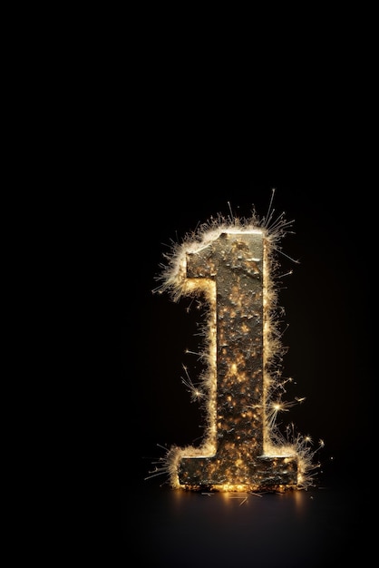 Foto número dorado uno en fondo negro con espacio de copia símbolo 1 invitación para la primera fiesta de cumpleaños aniversario de negocio o cualquier evento que celebre un primer hito imagen vertical ia generativa