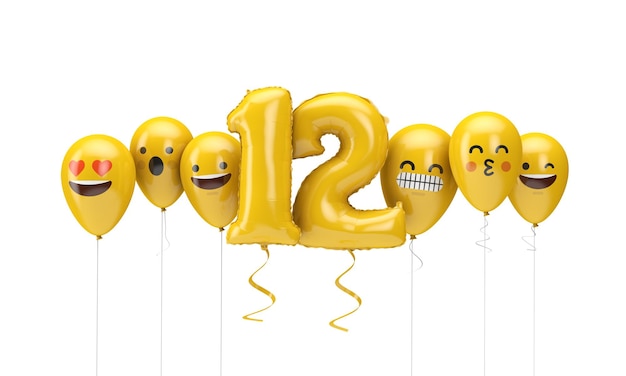 Número emoji de aniversário amarelo enfrenta balões d render