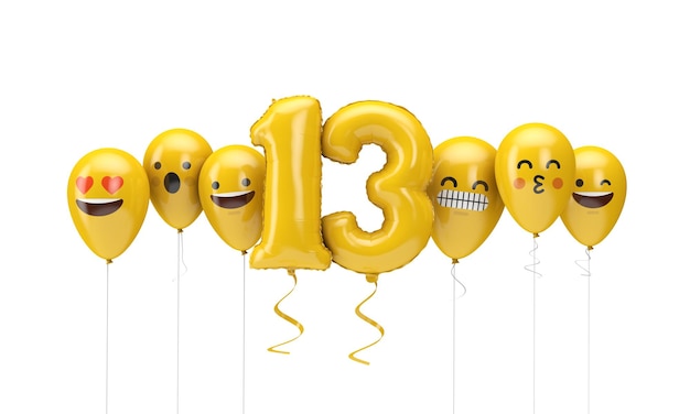 Foto número emoji de aniversário amarelo enfrenta balões d render