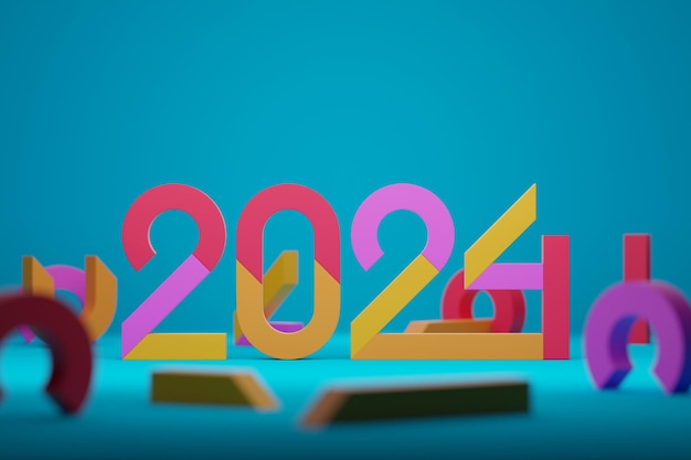 Número de encabezado del calendario 2024 sobre fondo azul Feliz año nuevo 2024 fondo colorido