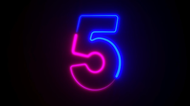 Número de neón cinco en fondo oscuro Ilustración 3D