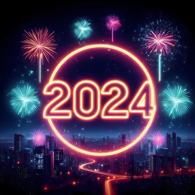 Foto número neon do ano novo 2024 contra os fogos de artifício e a cidade à meia-noite