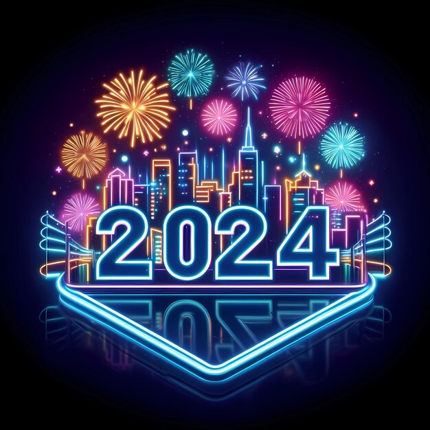 Foto número neon do ano novo 2024 contra os fogos de artifício e a cidade à meia-noite