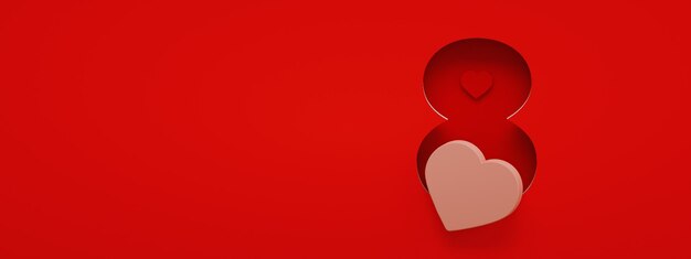 Número oito com corações sobre fundo vermelho 3d renderização postal para layout panorâmico de 8 de março