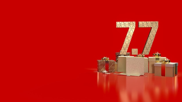 El número de oro 77 en caja de regalo sobre fondo rojo para el concepto de promoción 3d renderizado