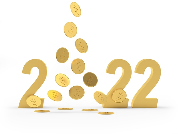Número de oro de año nuevo con monedas de dólar cayendo