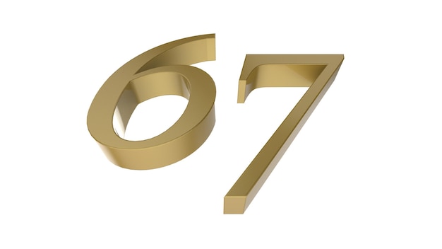 Número de oro dígito 67 metal 3d render ilustración