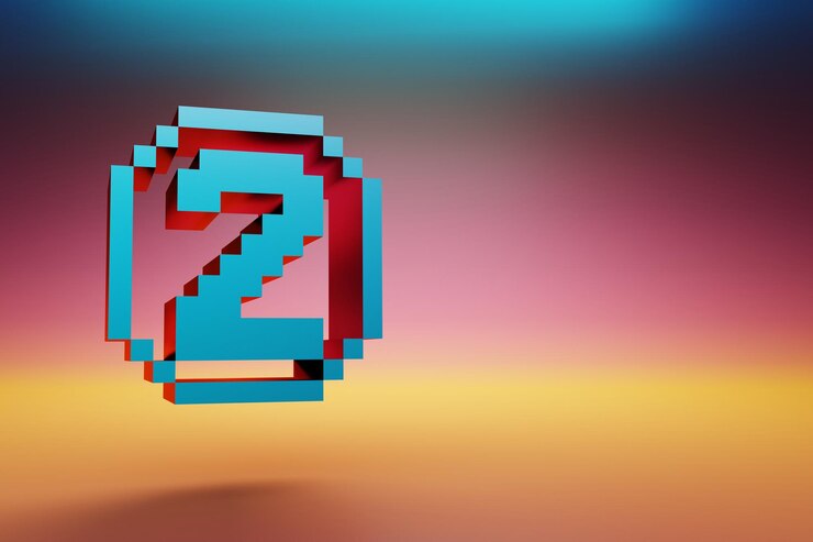 Foto número de píxeles 2 hermoso azul dos íconos símbolo en fondo brillante multicolor renderización 3d ilustración