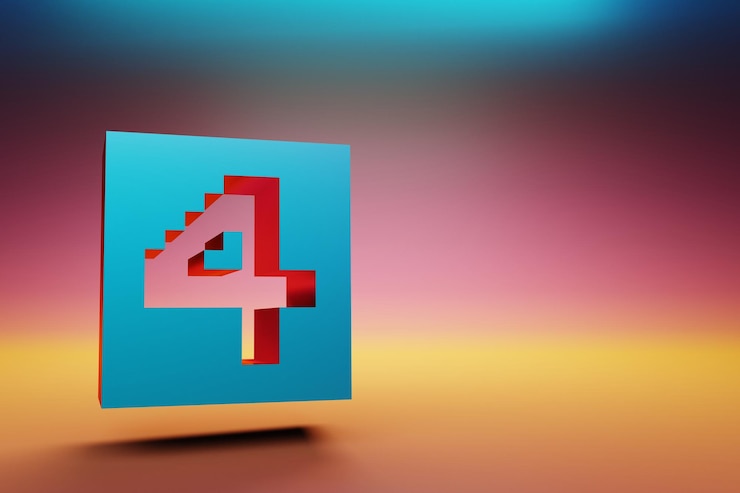 Foto número de píxeles 4 hermoso azul cuatro íconos símbolo en fondo multicolor brillante ilusión de renderización 3d