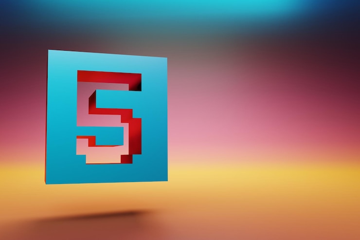 Foto número de píxeles 5 hermoso azul cinco íconos símbolo en fondo multicolor brillante ilusión de renderización 3d