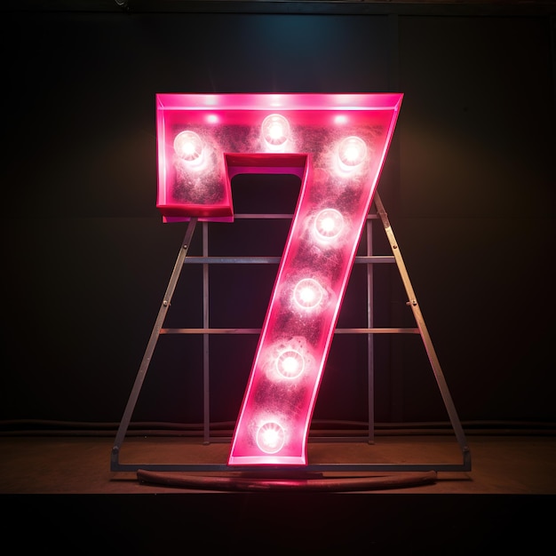 Número sete Futurista fonte de néon logotipo de símbolo digital brilhante em fundo grunge escuro