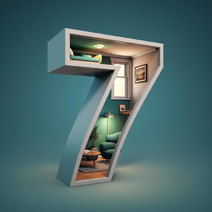 El número siete diseñado como una habitación en miniatura con muebles contra un fondo azul azul