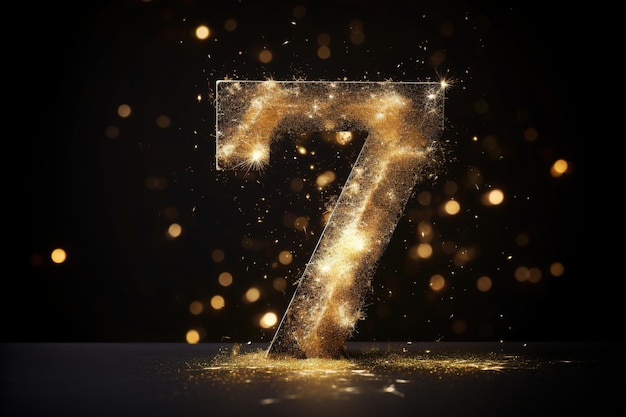 Número siete dorado brillante sobre fondo negro Símbolo 7 Invitación para una fiesta de cumpleaños séptimo o aniversario de negocios IA generativa