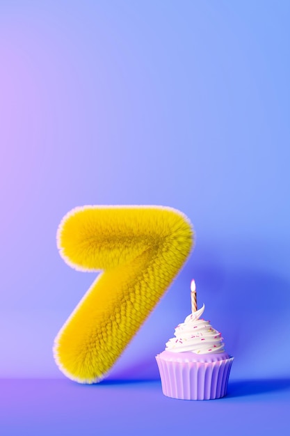 Foto número siete lúdico en fondo de gradiente violeta claro símbolo 7 evento festivo para niños colores de neón vibrantes copiar espacio para texto renderización 3d en formato vertical