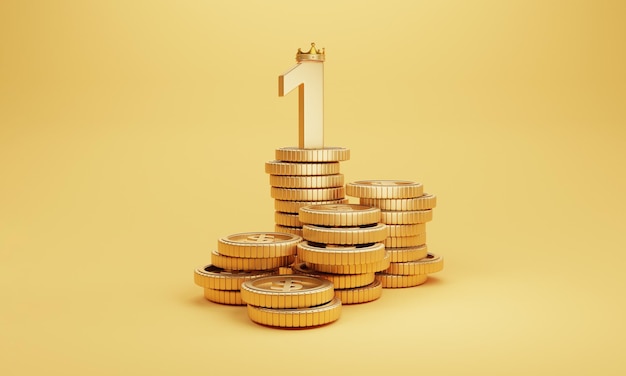Número um dourado com coroa de ouro no empilhamento de moedas para os mais ricos do conceito de investimento de poupança e crescimento por renderização 3d