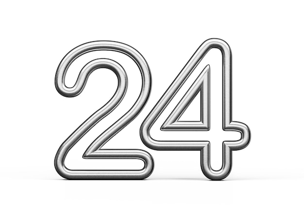 Número veinticuatro 24 hecho de plata fondo blanco metálico ilustración 3D