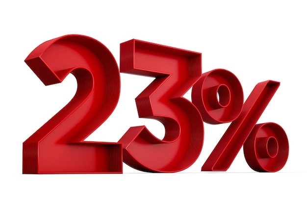 Número vermelho 23 ou vinte e três porcentagens isoladas no fundo branco com ilustração 3d de sombra