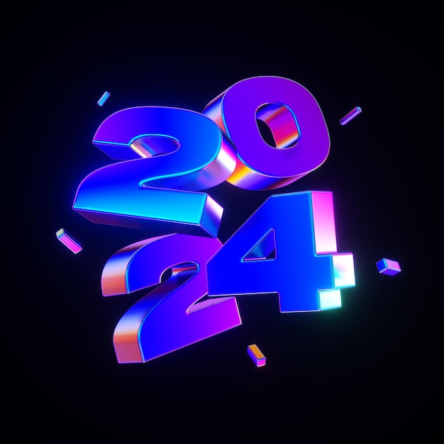 Números 2024 com textura de cromo em fundo preto ilustração de renderização 3d