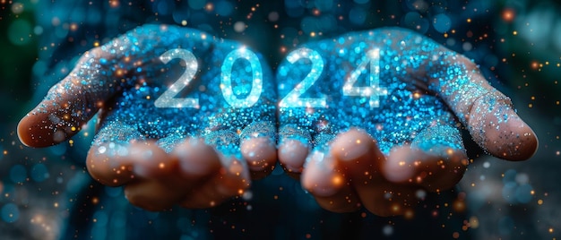 Foto números 2024 em mão digital fundo azul calendário temporada 2024 ilustração de quadro de arame abstrato feliz celebração do ano novo