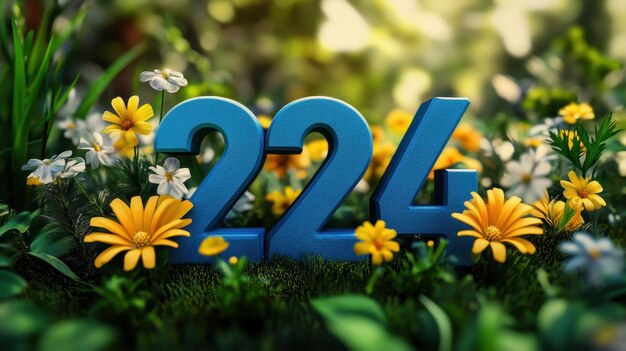 Números 3D azules 224 entre las flores de primavera en un jardín exuberante