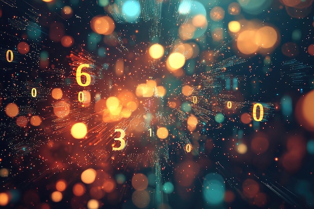Números abstractos que se rompen en bits perfectamente integrados con luces bokeh brillantes