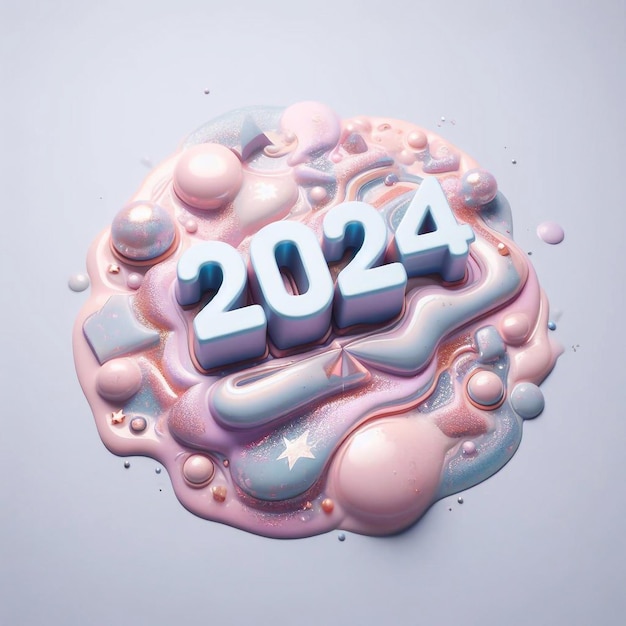 Números del Año Nuevo 2024 en un fondo de brillo líquido pastel con brillo y reflejos de luz ilustración generativa ai