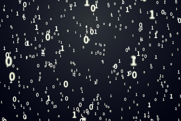 Foto números de codificación binaria esparcidos en la representación 3d de fondo oscuro