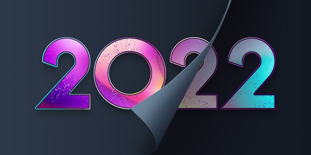 Números de colores 2022, diseño moderno, sobre un fondo oscuro. 2022 Feliz año nuevo. Plantilla de diseño, encabezado para el sitio, póster, tarjeta de año nuevo, folleto. Ilustración 3D, render 3D.