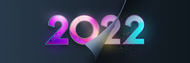 Números de colores 2022, diseño moderno, sobre un fondo oscuro. 2022 Feliz año nuevo. Plantilla de diseño, encabezado para el sitio, póster, tarjeta de año nuevo, folleto. Ilustración 3D, render 3D.