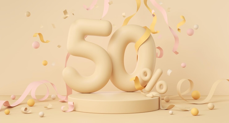 Foto números de desconto mínimo no pódio 50% de desconto símbolo de venda fundo de renderização 3d
