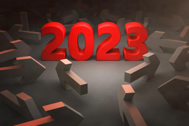 números de ilustração 3D 2023 com um símbolo de seta dinâmico feliz ano novo 2023 conceito