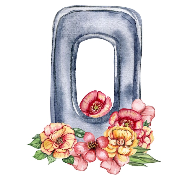 Foto números desenhados à mão em aquarela e composição de flores