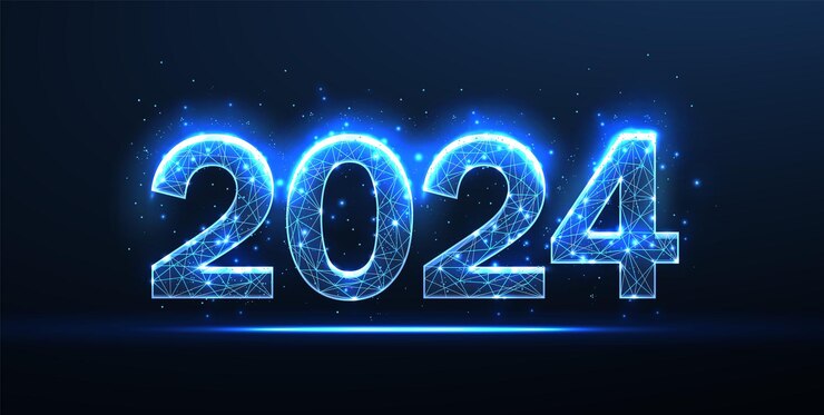 Números digitales 2024 año nuevo fondo azul