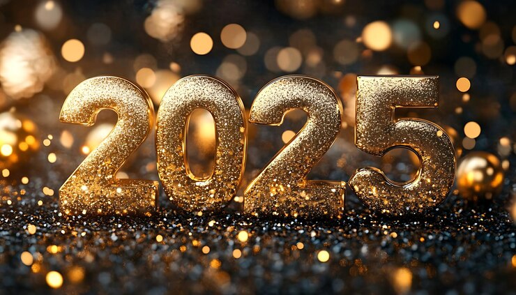 Números dorados deseando un feliz año nuevo 2025 en un fondo festivo
