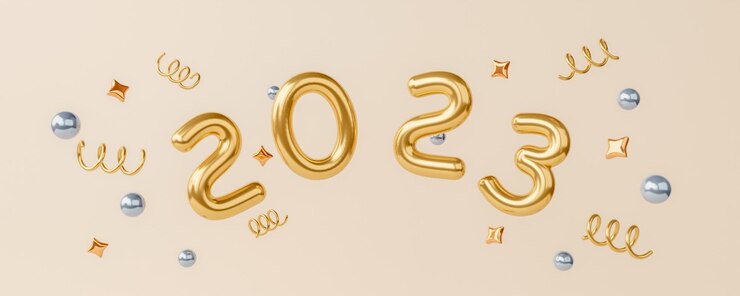 Foto números dourados realistas de 2023 com estrelas festivas de confete e fitas espirais em fundo amarelo feliz ano novo de 2023 ornamento de ano novo elemento de decoração com enfeites 3d render ilustração