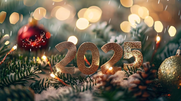 Números festivos de año nuevo 2025 en la rama nevada del árbol de Navidad con decoraciones y luces brillantes