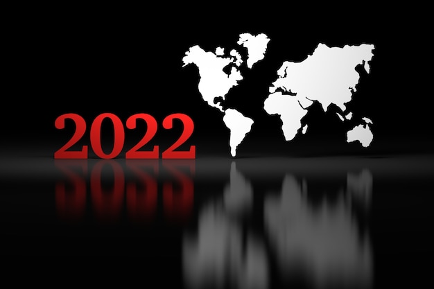 Números grandes em negrito vermelho do ano de 2022 com um grande mapa da terra na superfície preta