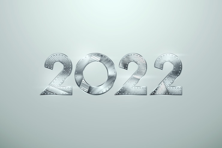 Foto números metálicos 2022 sobre un fondo claro. feliz año nuevo. diseño moderno, plantilla, encabezado para el sitio, póster, tarjeta de año nuevo, folleto. ilustración 3d, render 3d.