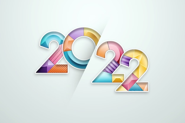 Números multicolores 2022 sobre un fondo claro. Feliz Año Nuevo. Diseño moderno, plantilla, encabezado para el sitio, póster, tarjeta de año nuevo, folleto. Ilustración 3D, render 3D.