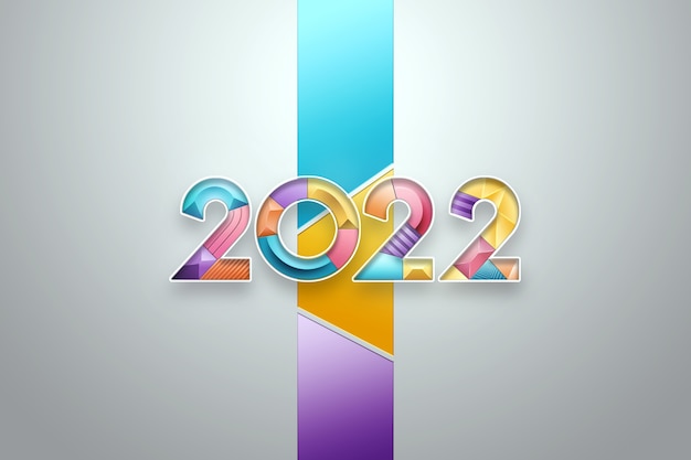 Números multicolores 2022 sobre un fondo claro. Feliz Año Nuevo. Diseño moderno, plantilla, encabezado para el sitio, póster, tarjeta de año nuevo, folleto. Ilustración 3D, render 3D.