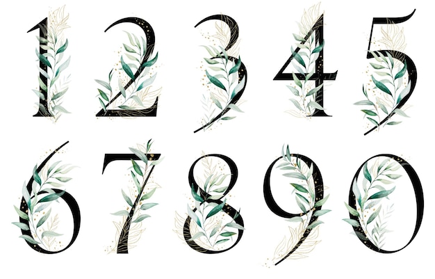 Foto números negros con hojas y ramas aisladas de acuarela verde y dorada ilustración número nueve elemento de verdor para papelería de boda números de mesa y tarjetas de felicitación