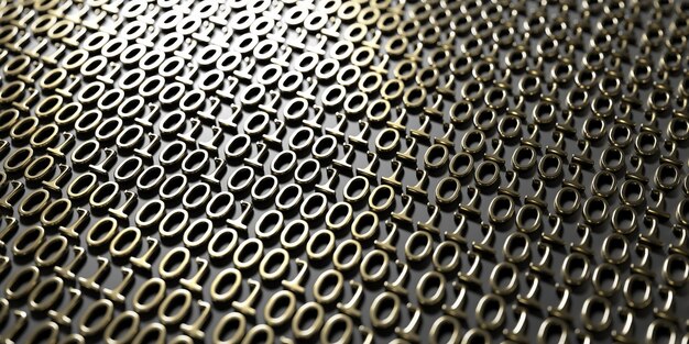 Números de oro de código binario 0 y 1 sobre fondo negro ilustración 3d